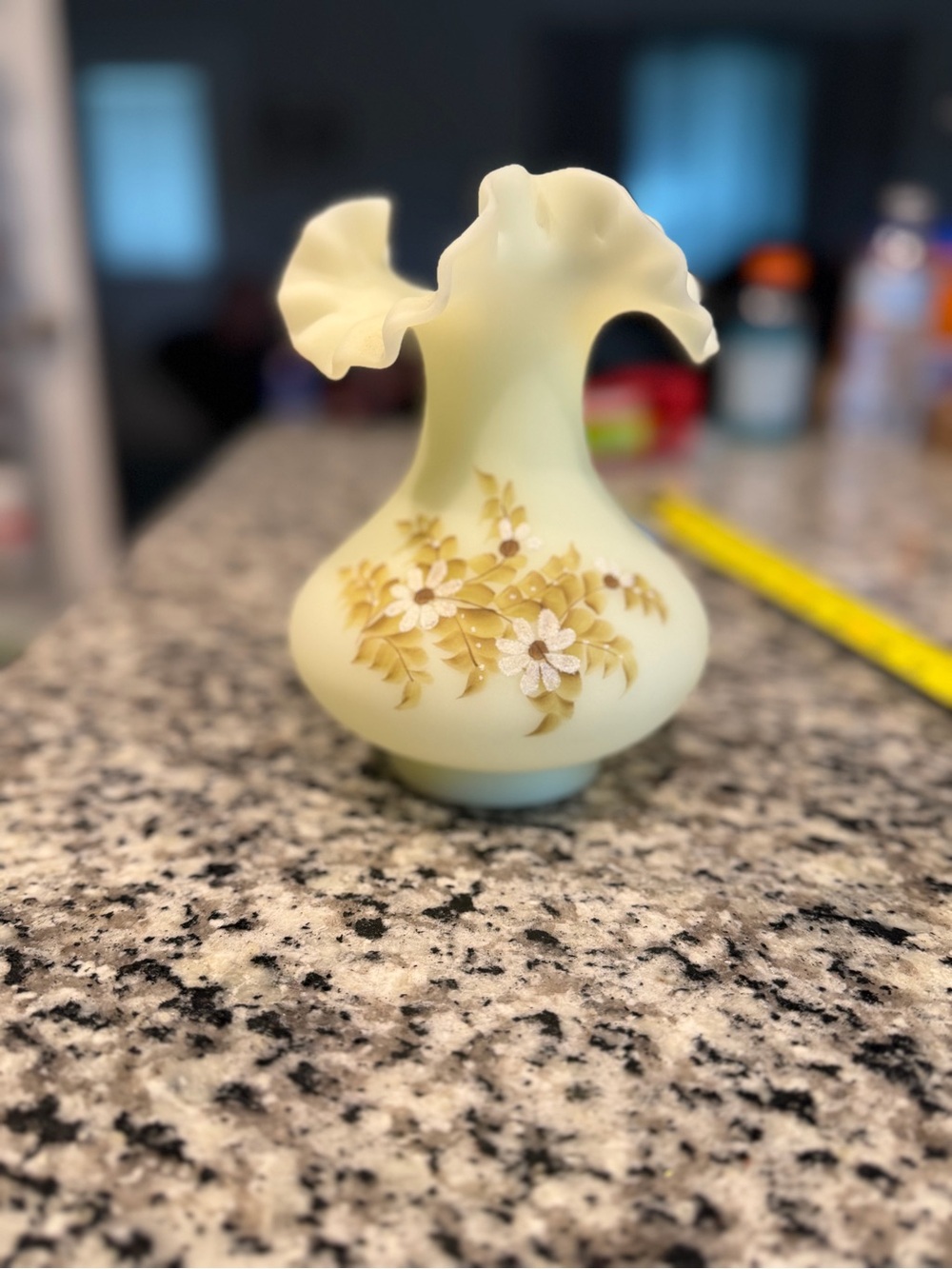 Fenton Custard Glass Floral Ruffled Vase hand painted and signed